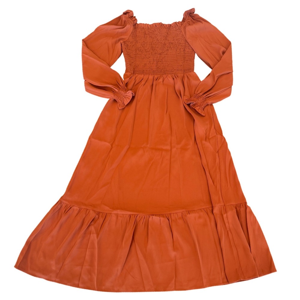 Hudilan Rust Orange Smocked Maxi Dress Long Sleeve Square Neck Tiered Boho Small